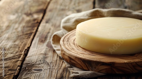 A large round cheese made from cow's milk sits on a wooden board. This is a Turkish Gruyere cheese. There is empty space for you to add text. photo