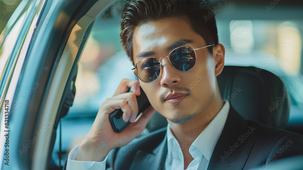 potrait Young business working and call phone in car during travelling to office.generative ai