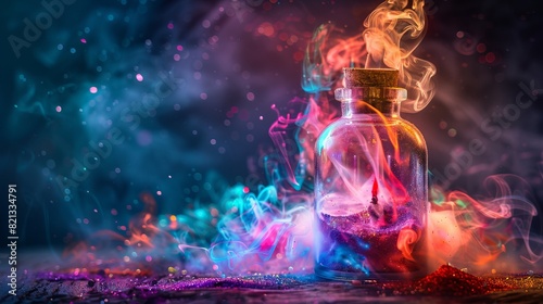 A magic bottle emits colorful smoke that represents wishes and dreams. photo