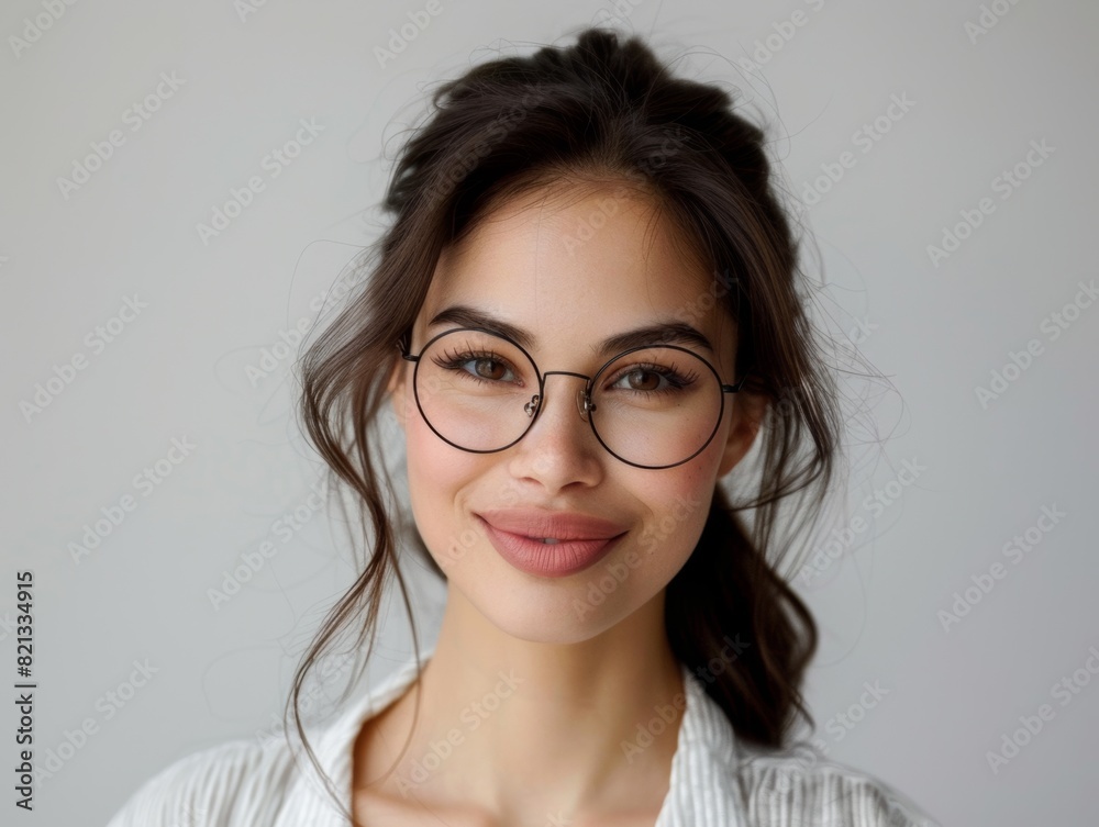 Stylish young brunette woman smiling on a white background. Beauty and fashion. Style.