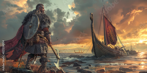 Male Viking Warrior Disembarking from a Long Ship photo