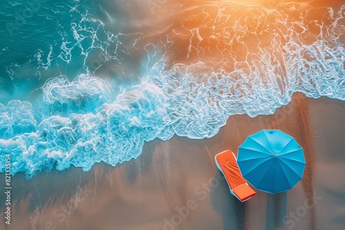 Aerial view of orange hammock and blue umbrellas next to the sea waves breaking against the sand of the beach, at sunset. Vacation and summer concept photo