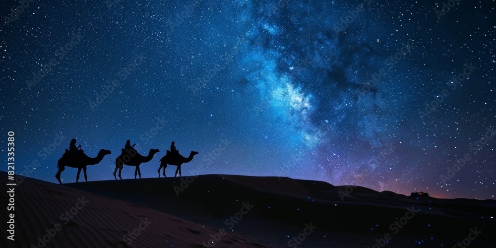 Fototapeta premium Three Wise Men are traveling by camel through the desert at night, following the Star of Bethlehem.