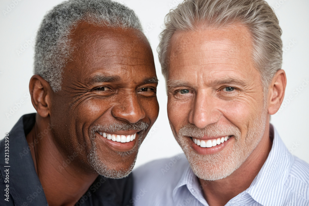 Studio Photoshoot of Interracial Senior Gay Couple Celebrating Unity Studio Photoshoot of Interracial Senior Gay Couple Celebrating Unity