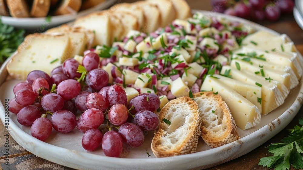 White oval cheese platter with grapes on light wood surface with a side of toasted baguette White oval cheese platter with grapes on light wood surface with a side of toasted baguette