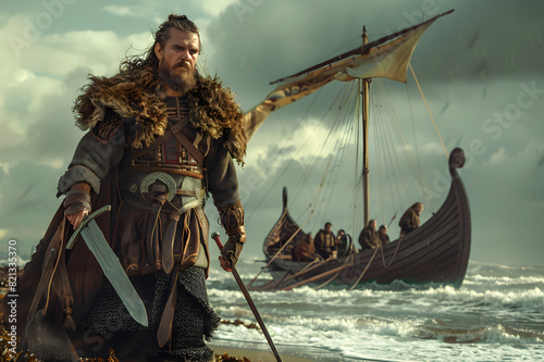 Male Viking Warrior Disembarking from a Long Ship photo