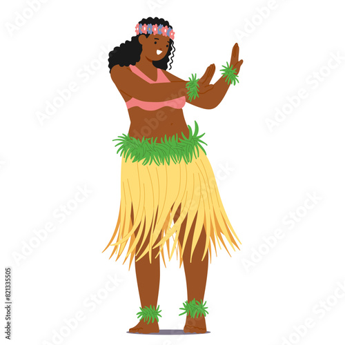 Hawaiian Female Dancer Character With Floral Headband And Green Grass Skirt Performing The Traditional Hula Dance