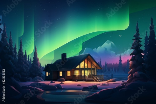 Cozy cabin in a snowy landscape under a vibrant aurora borealis, surrounded by pine trees and mountainous terrain at twilight. photo