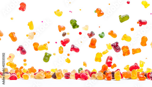 delicious jelly bears falling on white background