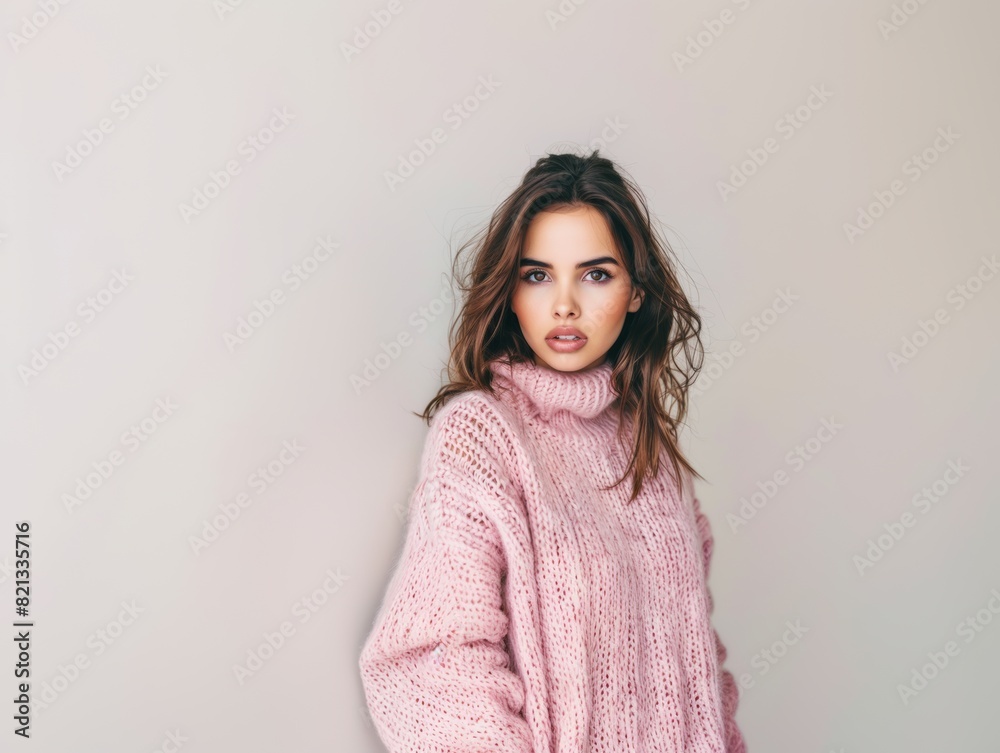 Brunette woman in a pink knitted sweater on a gray background. Women's beauty and fashion. Brunette woman in a pink knitted sweater on a gray background. Women's beauty and fashion.