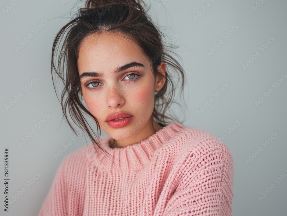 Brunette woman in a pink knitted sweater on a gray background. Women's beauty and fashion. Brunette woman in a pink knitted sweater on a gray background. Women's beauty and fashion.