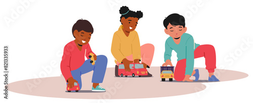 Diverse Children Characters Happily Playing With Toy Cars On A Floor Mat In A Kindergarten, Vector Illustration