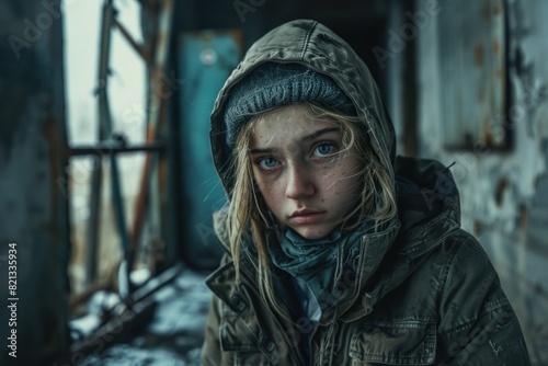 A girl with blue eyes and blonde hair is wearing a beanie and a parka. She is standing in a run-down building with a serious expression.