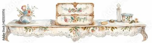 Set of water color of a decorative box, adorned with intricate floral patterns, sitting on a lacecovered vanity in a Victorianstyle bedroom, Clipart isolated on white photo