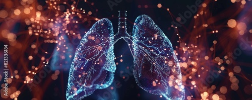 Digital illustration of human lungs with neural network connections, representing healthcare, medical research, and respiratory science.