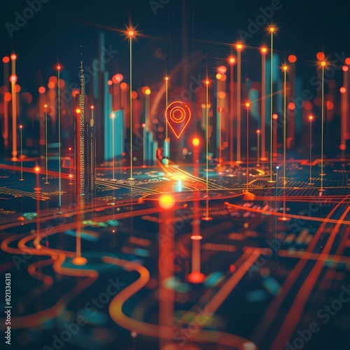 Digital map interface with glowing data points and location pin. Futuristic technology and city infrastructure visualization.