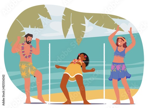 Diverse Friends Participating In A Limbo Dance At A Sunny Beach Party. Cartoon Vector Illustration Captures Summer Fun
