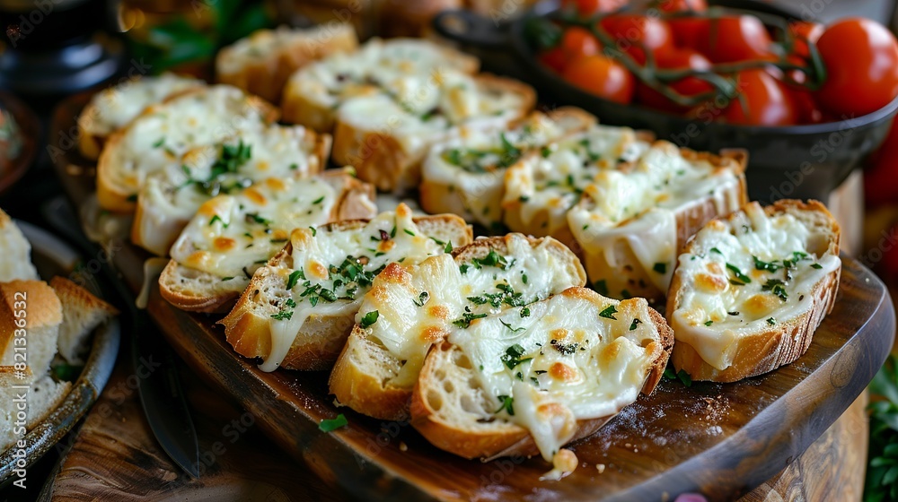 A platter of bread and melted mozzarella cheese. A platter of bread and melted mozzarella cheese.
