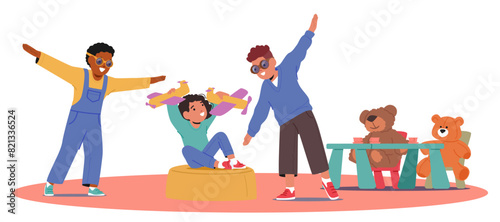 Joyful Children Engaging In Playful Activities In Kindergarten Setting. Cheerful Kids Dancing, Imagine themselves Pilots