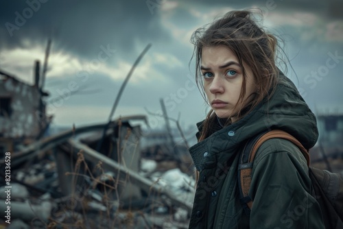 A woman in a green jacket and backpack stands in front of a destroyed city. He looks into the distance with a serious expression on his face. The sky is cloudy and dark. Concept: post-apocalypse. photo