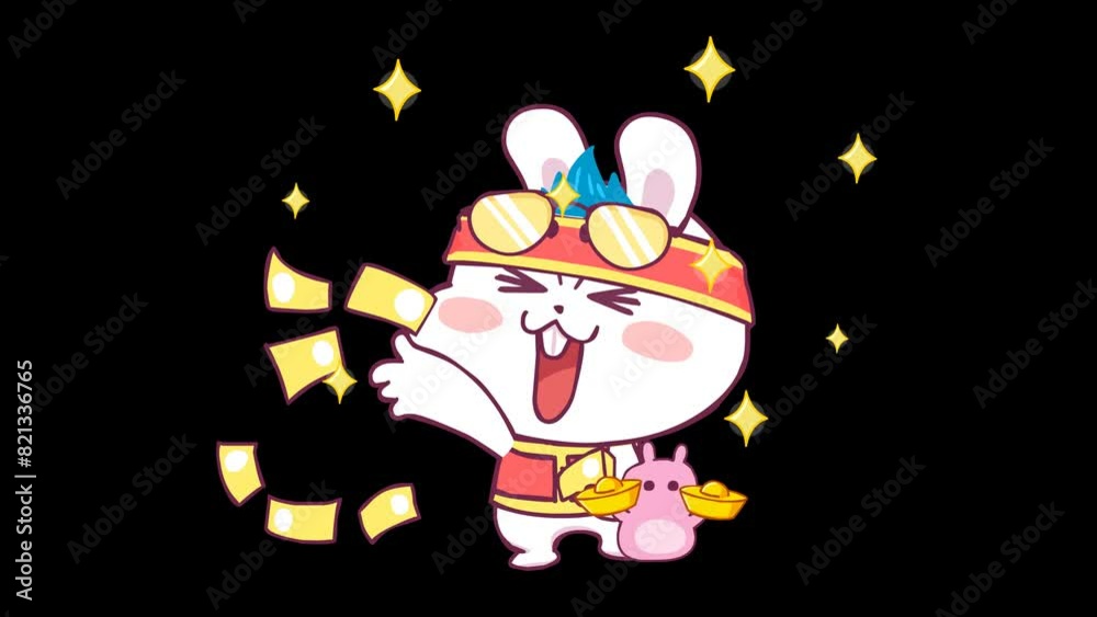 Animated Rabbit in Chinese Outfit Throwing Gold Paper Transparent Background Animated Rabbit in Chinese Outfit Throwing Gold Paper Transparent Background