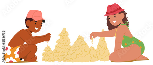 Two Joyful Children, Boy In A Pink Cap And Girl In A Red Hat, Build A Large Sand Castle Together On A Sunny Beach