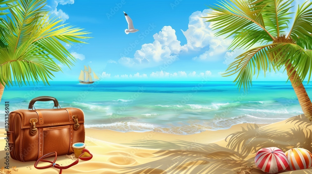 Obraz premium Advertising drawing for summer beach holiday, resort with palm trees, sea, suitcase. Place for text in the middle