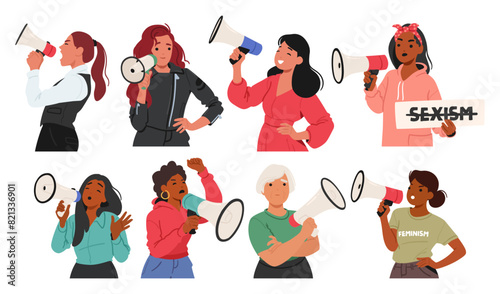 Diverse Women Using Megaphones And Holding Protest Signs. Young And Old Female Characters Advocate For Gender Equality