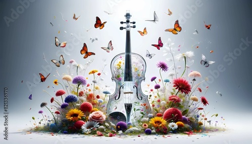 A violin is placed in the center of the scene, surrounded by vibrant flowers of various colors and butterflies fluttering around. The violin is elegantly crafted with a glossy finish, its strings