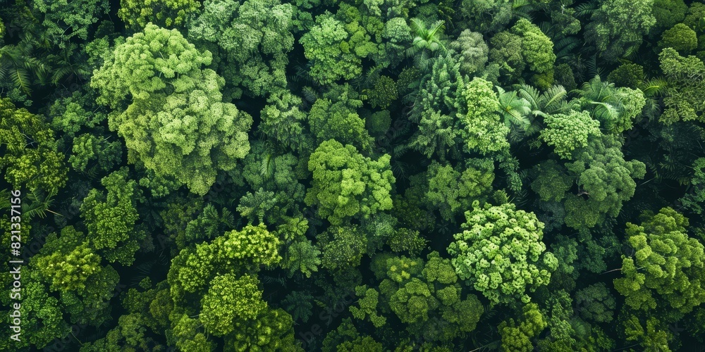 The photo shows an aerial view of a lush green forest