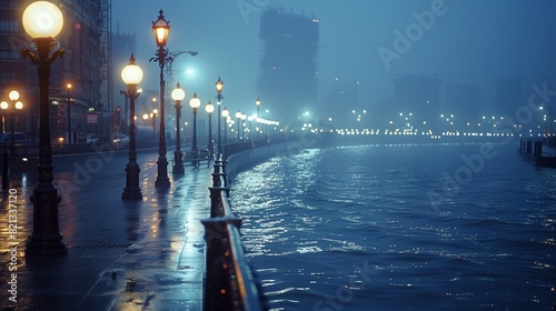 Streetlights amplify the shimmering river, creating an ethereal, nighttime ambiance in the waterfront city.