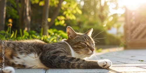 Cute tabby cat relaxing in the sun on a stone terrace in the garden. photo