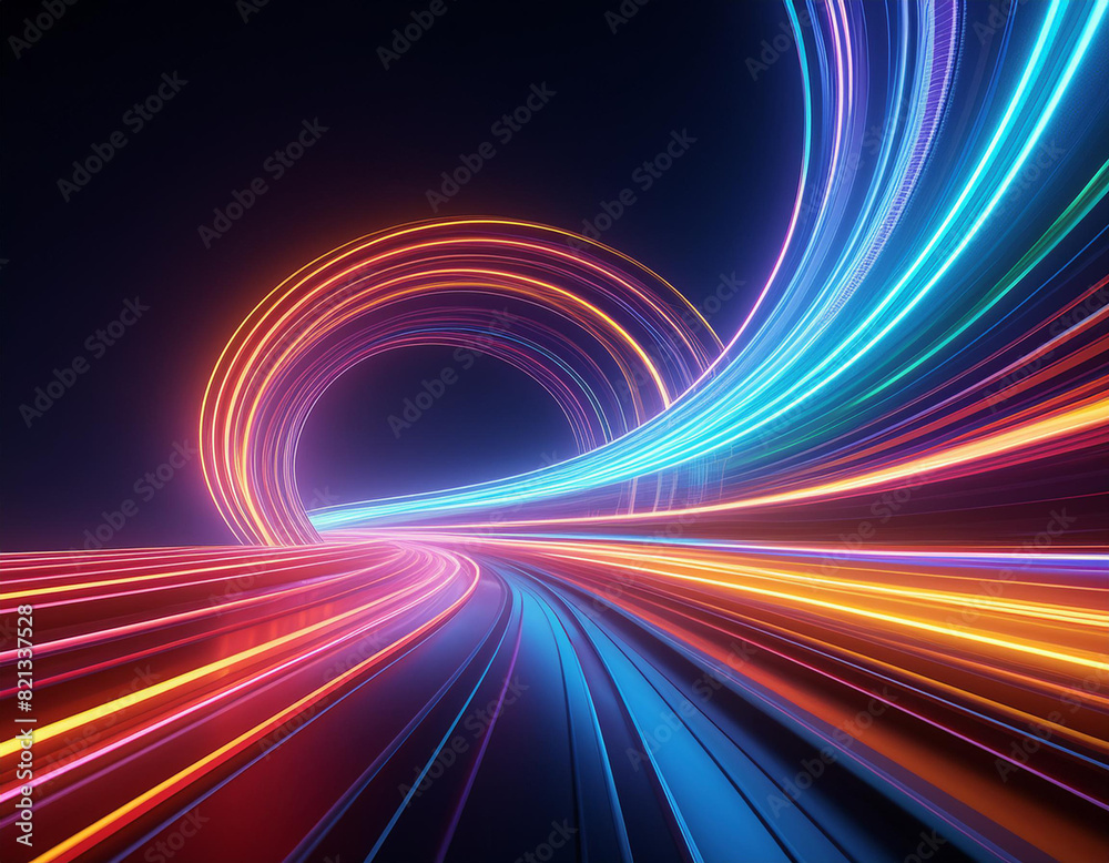 3D Render, Colorful Speed neon light trail on dark background, abstract motion curve light 3D Render, Colorful Speed neon light trail on dark background, abstract motion curve light