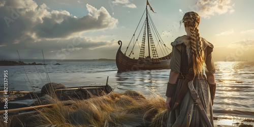 Female Viking Warrior Disembarking from a Long Ship photo
