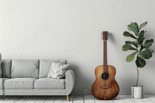 Living Room With Couch and Guitar