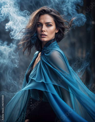 woman in a blue dress and cape stands in a smoky environment photo