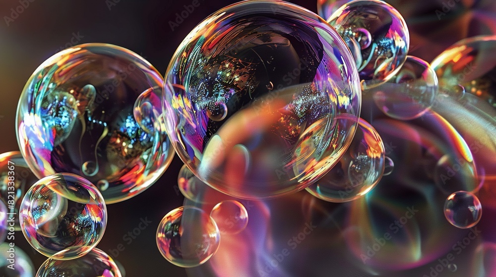 Soap bubbles floating on a black surface with a colorful sky in the background Soap bubbles floating on a black surface with a colorful sky in the background