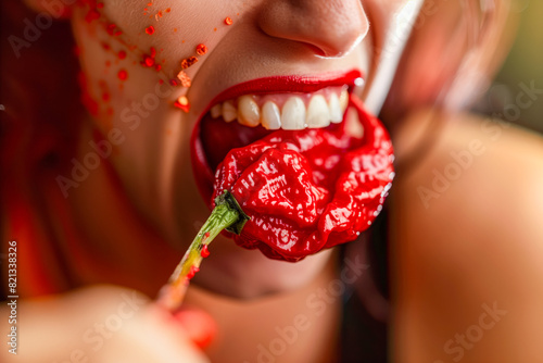 A woman enjoying spicy chili, trinidad scorpion photo