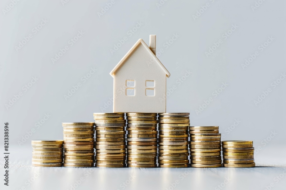 Model house standing on stacks of coins, real estate investment growth. Real estate concept, real estate investment, buying a house Model house standing on stacks of coins, real estate investment growth. Real estate concept, real estate investment, buying a house