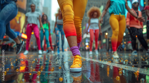 Tytuł Dancing in the streets of New York. Women dancing modern dance, legs closeup 