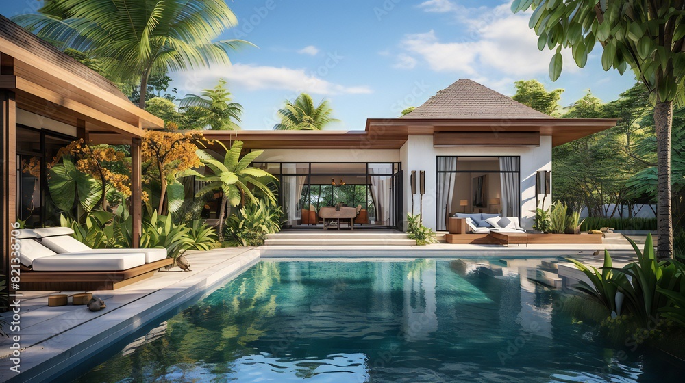 house or building a house Tropical pool villa with green garden and bedroom, both inside and outside