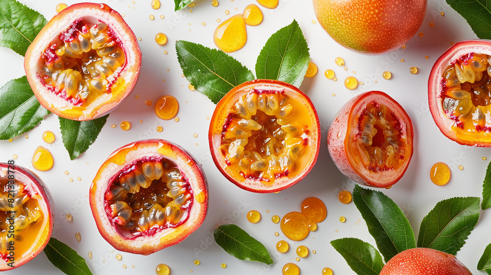 Drops of exotic jam and passion fruit halves on white background with leaves Drops of exotic jam and passion fruit halves on white background with leaves