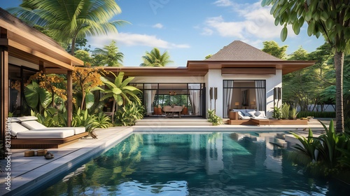 house or building a house Tropical pool villa with green garden and bedroom, both inside and outside