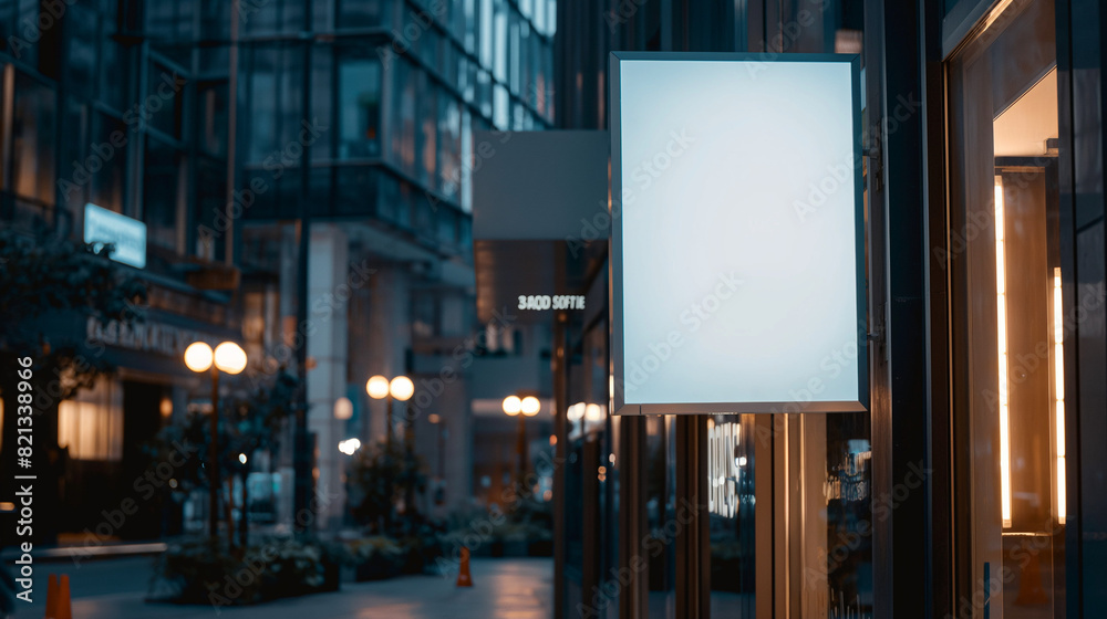 A blank empty canvas poster screen board hanging on a building at a the city center. A blank empty canvas poster screen board hanging on a building at a the city center.