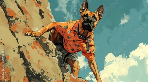 Belgian Malinois in Polo Shirt Rocks Whimsical Exaggerated Proportion Playing Rock Climbing photo