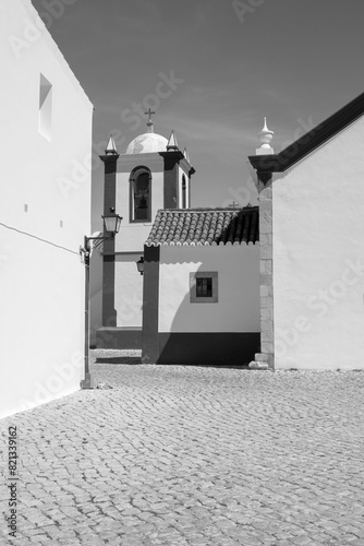 Black and white image of the Church at Cacela Velha, Algarve, Portugal