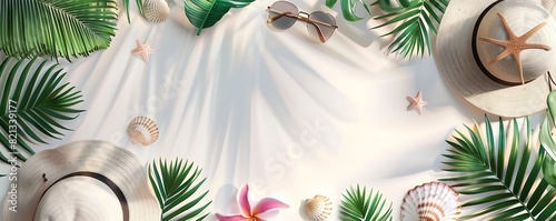 Photorealistic frame on light background, tropical flowers, plants, shells and sunglasses around empty space, concept of rest and travel, relaxation, banner summer vacation stuff around empty space fo photo