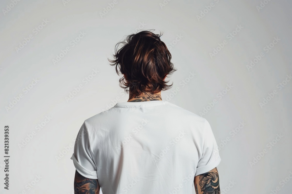 An adult brunette man of athletic build with tattoos in a white T-shirt on a neutral background. Back view An adult brunette man of athletic build with tattoos in a white T-shirt on a neutral background. Back view
