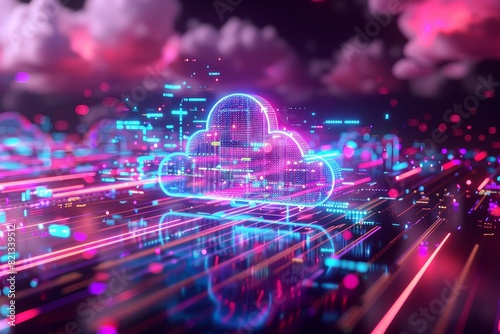 Futuristic neon cloud computing concept with glowing lights and digital binary code, representing modern technology and data transfer.