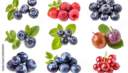 Fresh blueberries and other berries isolated on white  set